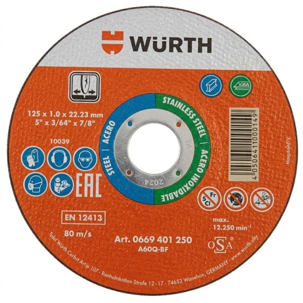 Δίσκος Κοπής Inox Würth 125x1.0mm