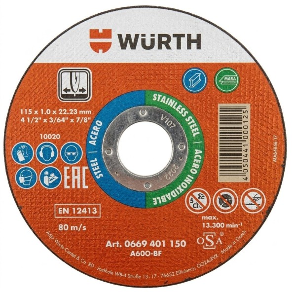 Δίσκος Κοπής Inox Würth 115x1.0mm